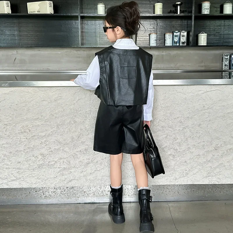 Girls Suit 2024 Autumn New Childrens Wear Korean Style Foreign Style Leather Vest Leather Shorts Two-piece Casual Simple Daily image 2