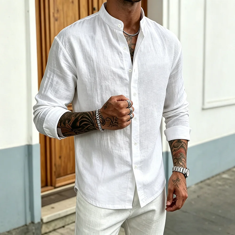Cotton Linen Shirt for Men Casual Business Old Money Breathable Lightweight Henley Neck Tops Single Breasted Fashion Shirts