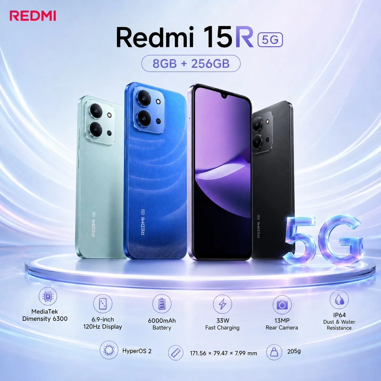 Redmi 15R 5G Smartphone 8GB+256GB, 200% Volume Boost, 120Hz Display, Dimensity 6300, 6000mAh Battery, 33W Fast Charge, IP64