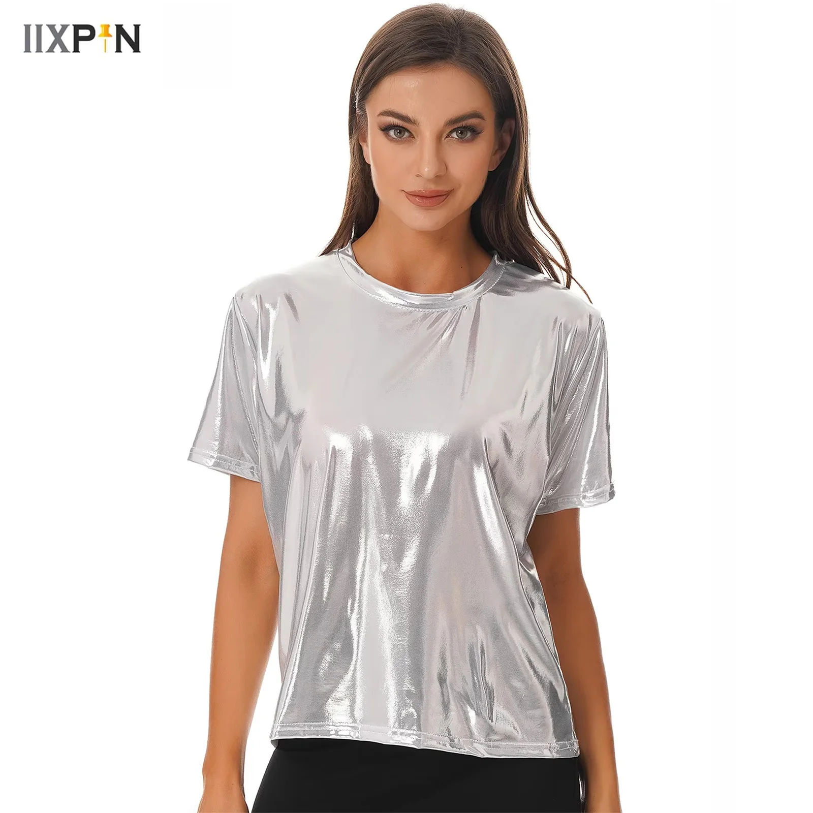 

Fashion T-shirt Womens Clothes Shiny Metallic Short Sleeve Round Neck Solid Color Shirts Crop Tops for Rave Party Dance Clubwear