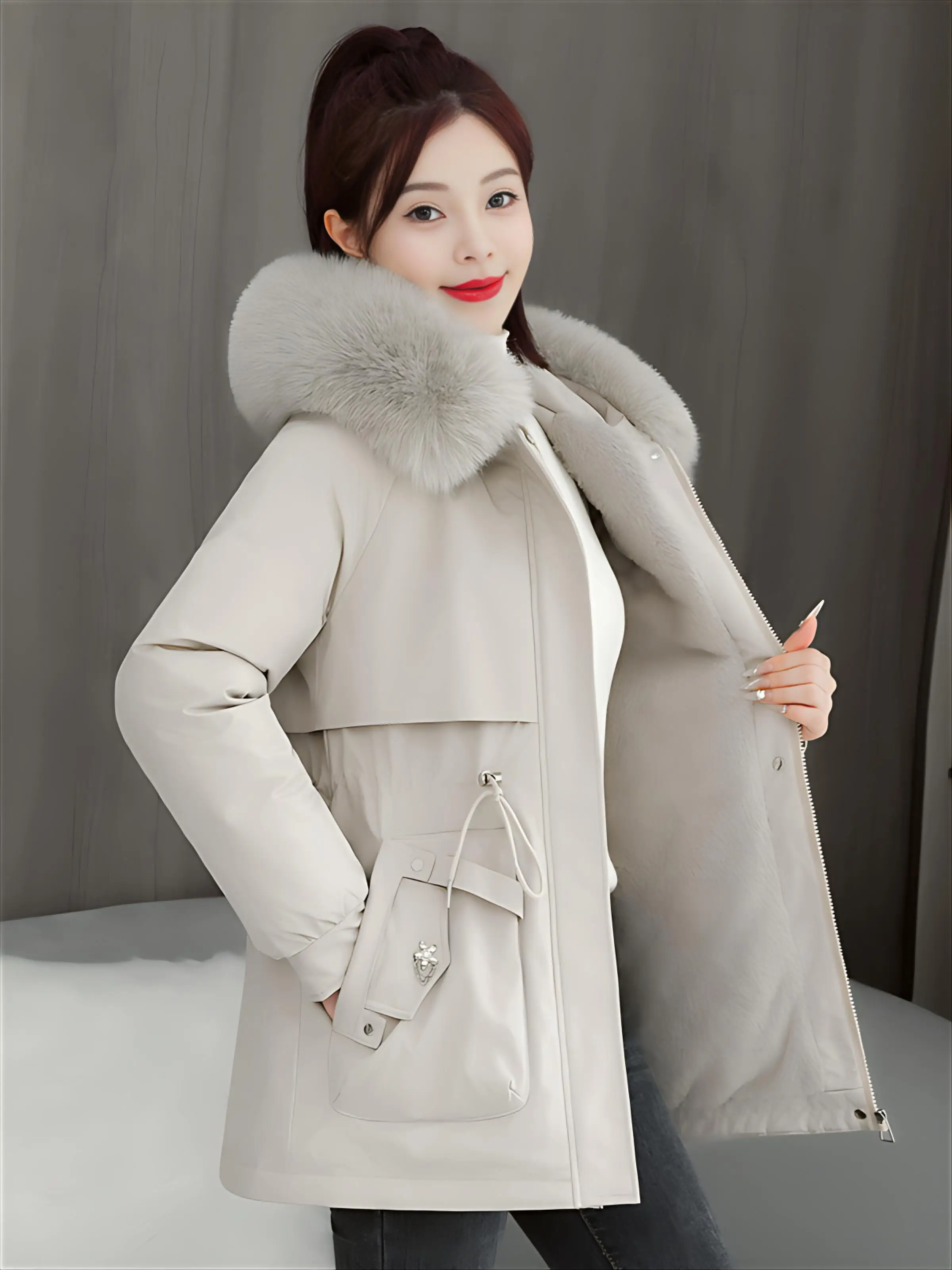 

Парка женская винтажная зимняя с капюшоном, мехом, в горошек, приталенная, с воротником-стойкой, для подростков, со съемным пуховым наполнителем, из нейлона, в традиционном спортивном стиле