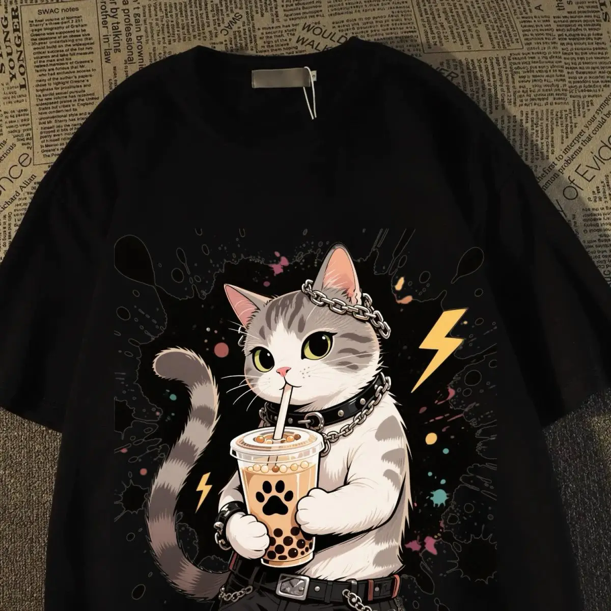 تي شيرت نسائي صيفي جديد مطبوع عليه قطة رائعة تي شيرت أمريكي بأكمام قصيرة عصري