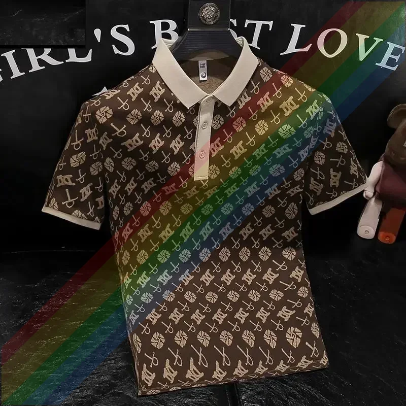 Trendy Brand 2024 New Summer Retro Lapels Short-Sleeved T-shirt Men's Beaded Printed Slim Fit All-Match Polo Shirt