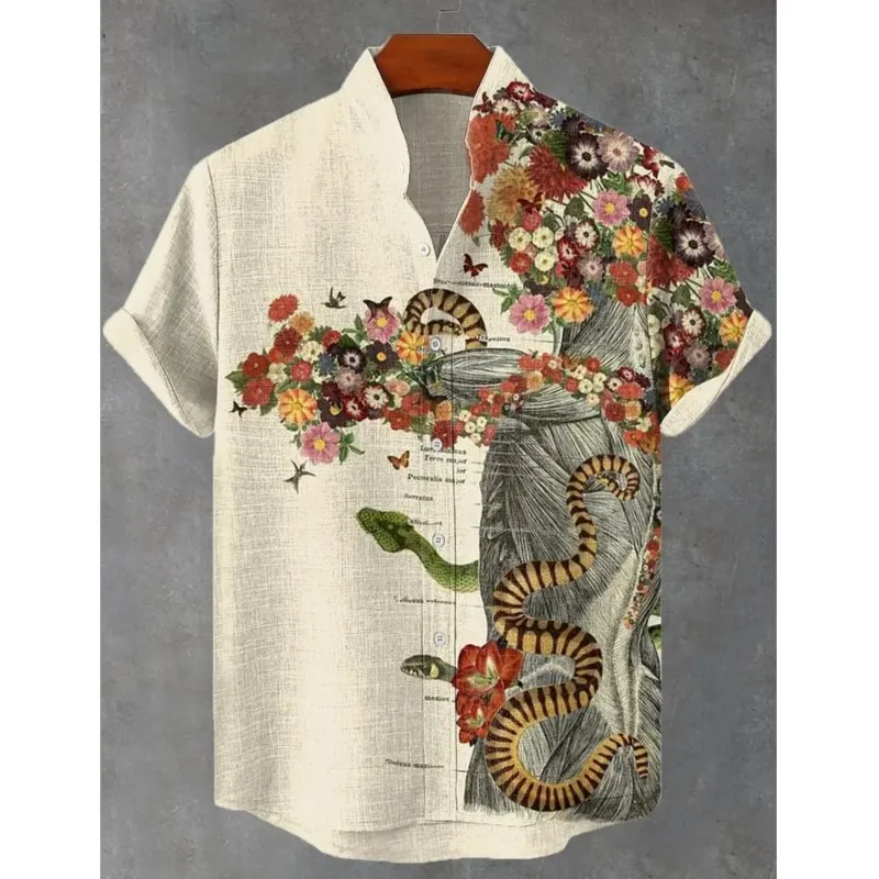 

2025 Yeni Keten Rahat Nefes Alabilen Kumaş Kısa Kollu Üst Orman Sanat Baskı Erkek Gömlek Sanat Severler Giyim Erkek Kişiler