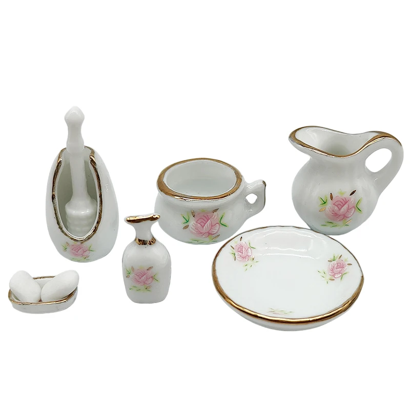 Kit de muebles de cerámica de porcelana para baño, casa de muñecas en miniatura, juguete de decoración del hogar, Micro escena, adornos de construcción, 1:12