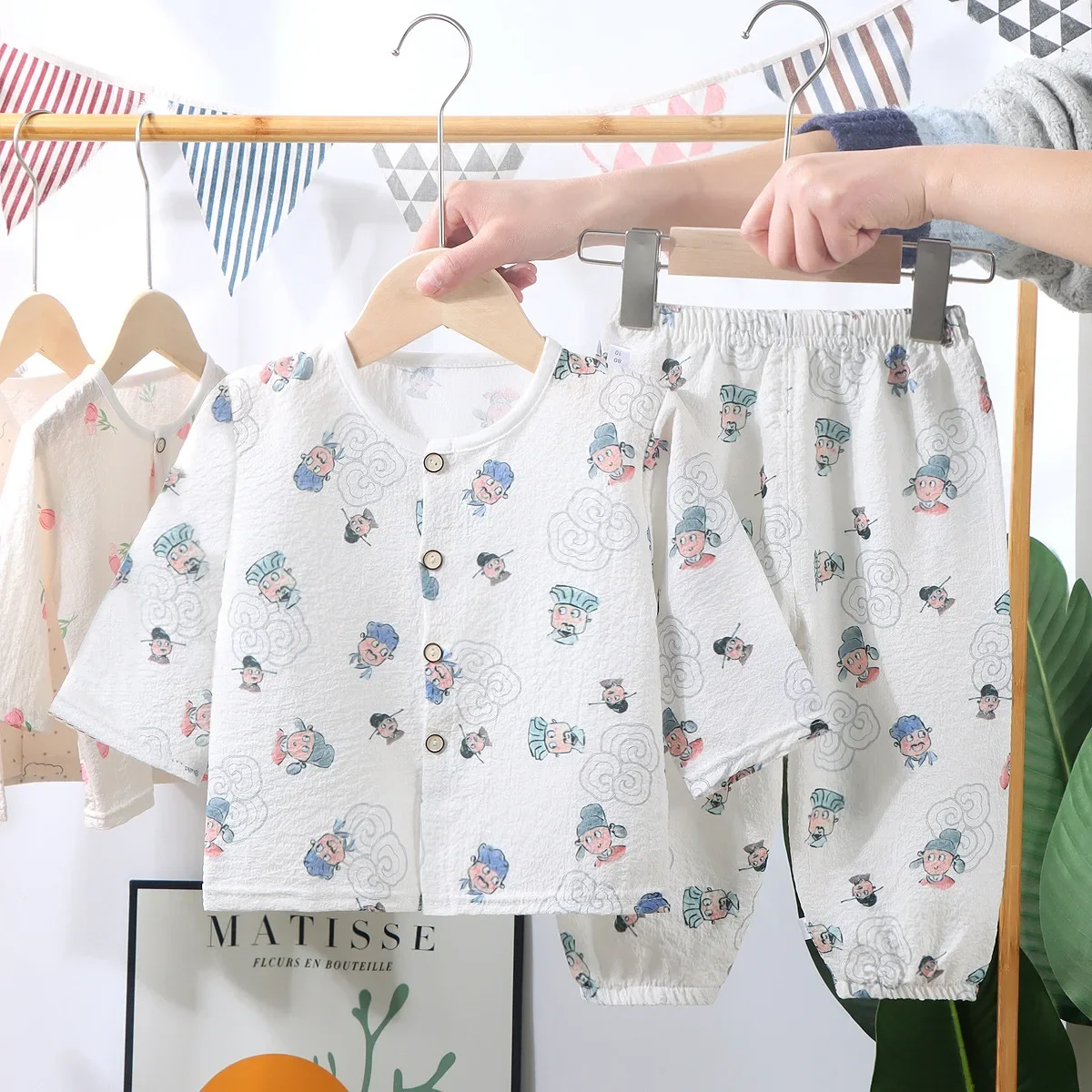 New 2024 Kids Summer Thin Pajamas Sets Boys Girls Cartoon Long Sleeve Cotton Yarn Shirt Top + Pants Toddler Baby Loungewear