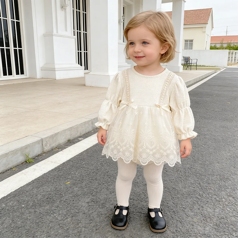 

2026 New Spring Newborn Baby Girls Bodysuits Long Sleeved Mesh Splicing Infant Baby Girls Jumpsuit 0-24M Baby Girl Clothing