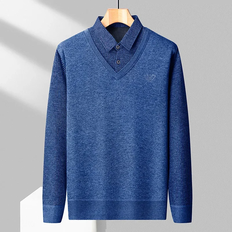 Cold Weather Mens Knit Pullover Fake Vest Structure Soft Fabric Fleece Lined Striped Long Sleeve Business Casual Inner Wear Top