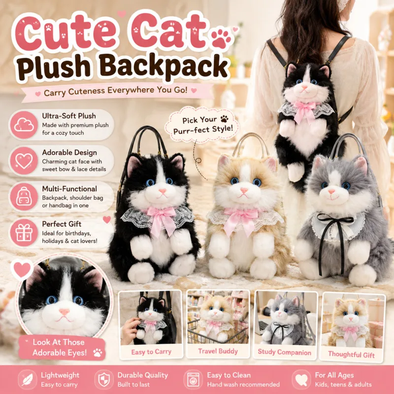 Y2K Cat Backpacks Girls Realistic Kitten Doll Bag Cute Stuffed Animal Double Shoulder Backpacks Perfect Birthday Backpacks Gift