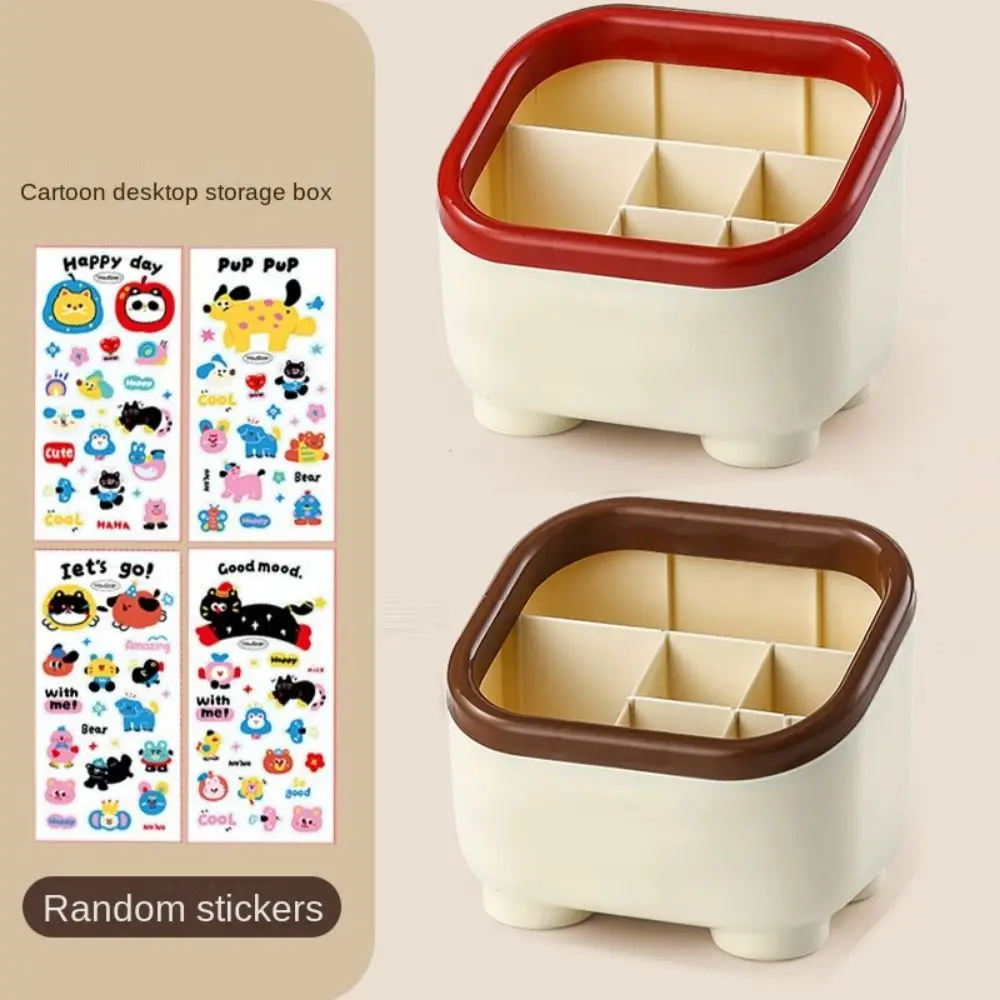 Cartoon Desktop Pen Holder Multi Grid with Random Stickers Pencil Organizer Large Capacity Multi-functional