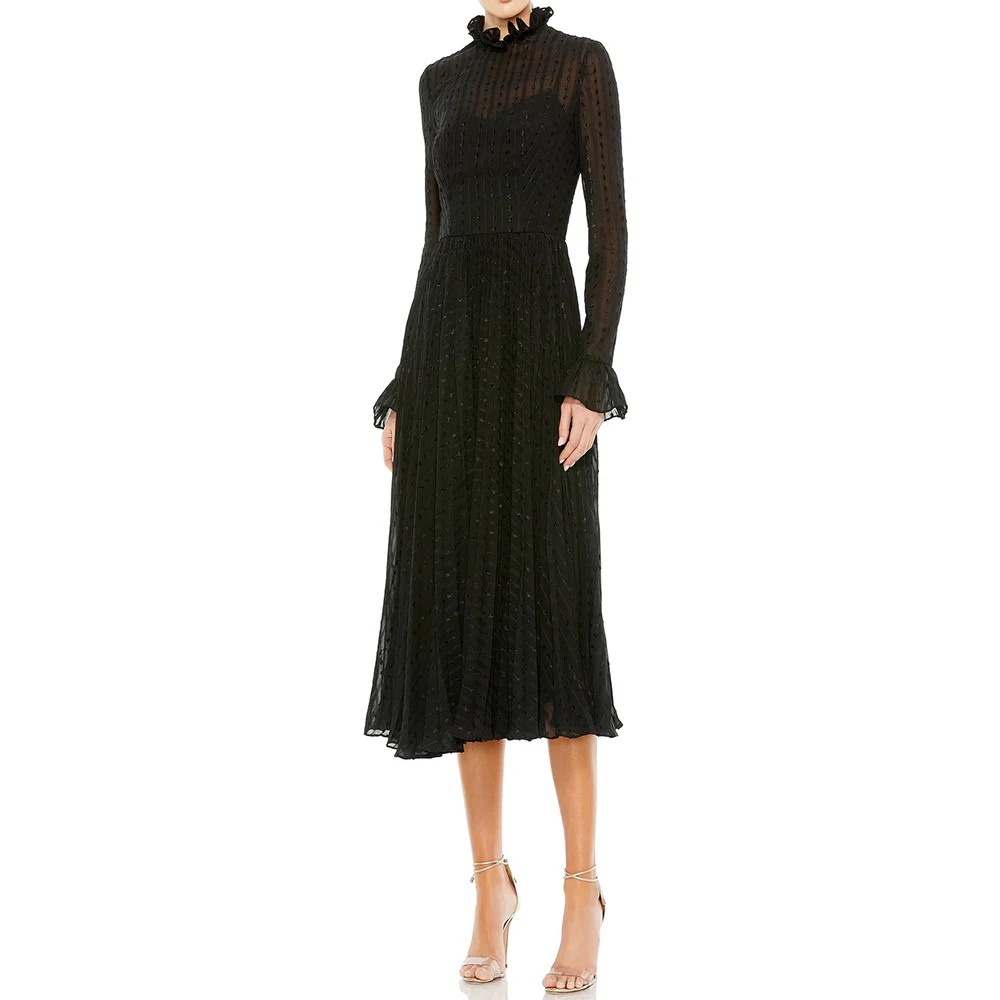 

Women's A-line Cocktail Dresses Tea-length High-neck Full Sleeve Prom Gown Fashion Sequined Simple Draped Customized Gowns