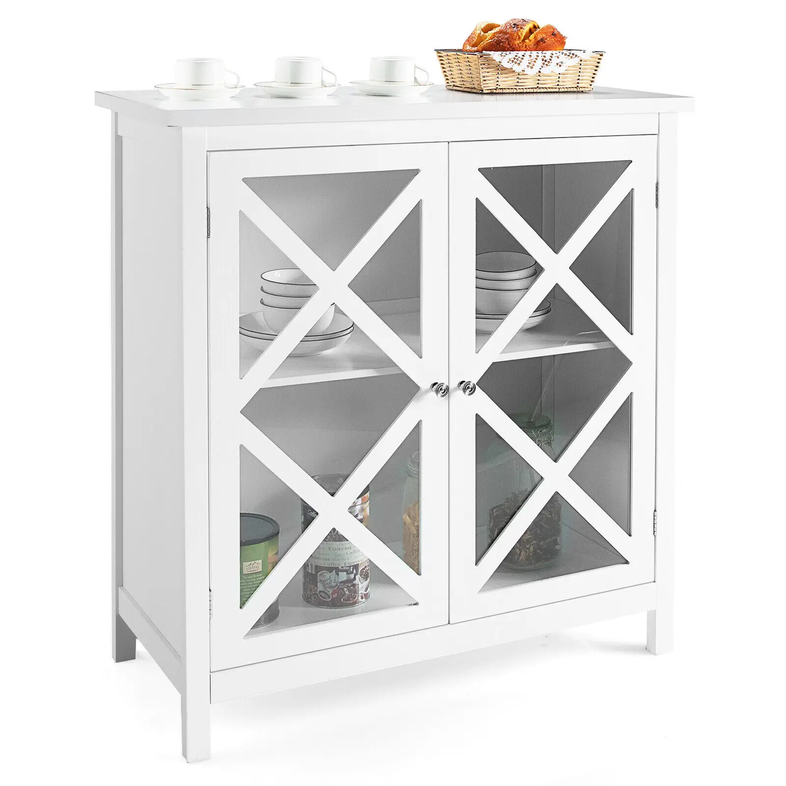 Kitchen Buffet Sideboard Storage Cabinet w/Glass Doors & Adjustable Shelf White