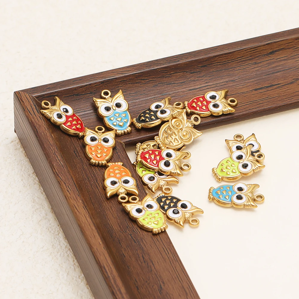 5 Stück Edelstahl-Emaille-Eulen-Tieranhänger für DIY-Schmuckzubehör, Halsketten, Kinderarmbänder, Mädchenanhänger, Ohrringe. – Detail 4