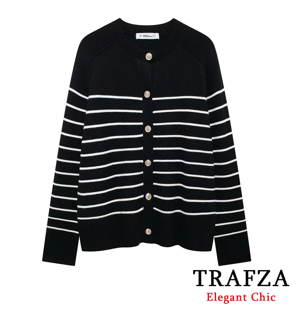 TRAFZA-Women Fashion Knitted Loose Coat V-Neck Buttons Striped Cardigan New 2024 Autumn Winter Elegant Casual Versatile Coat