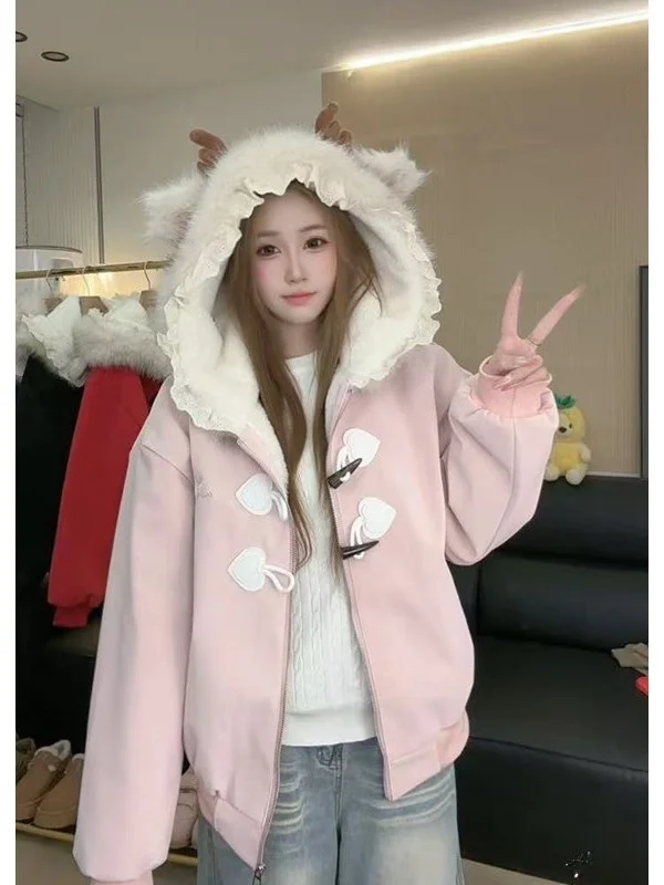 

Winter Thiened Cotton Jaet with Hood Embroidery Women's Loose Fit Aosphere Sense Coat Fem Sweet Sle Long Sve