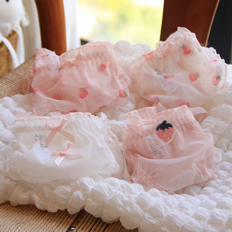 Young girl Underwear 4pc/lot nylon Lovely middle Waist Briefs student Panties children lace rabbit pink Teenagers strawberry