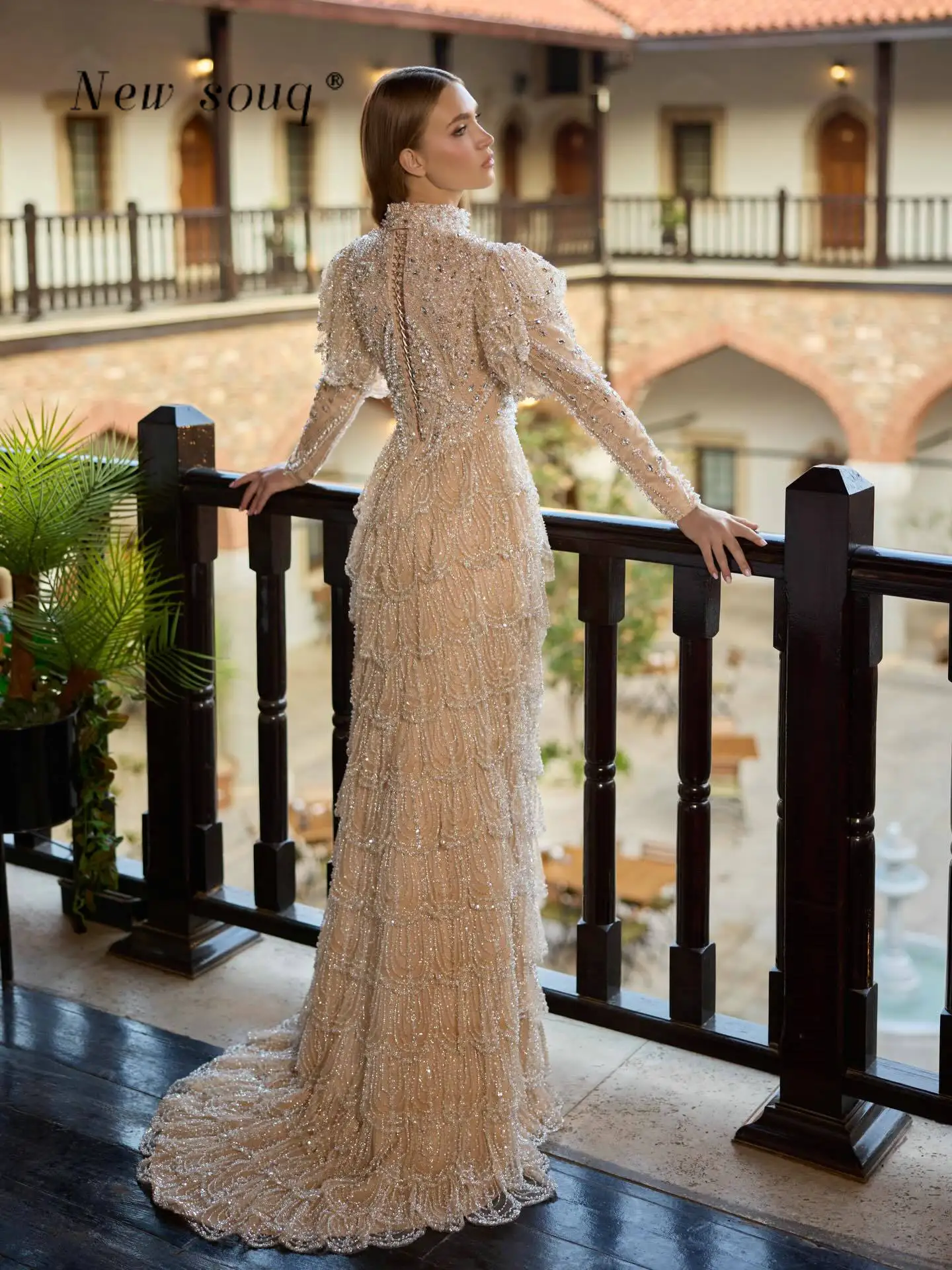 Customized Islamic Muslim Champagne Long Sleeves Evening Dresses Arabic Glitter Tiered Kaftans Customized Islamic Muslim Champagne Long Sleeves Evening Dresses Arabic Glitter Tiered Kaftans