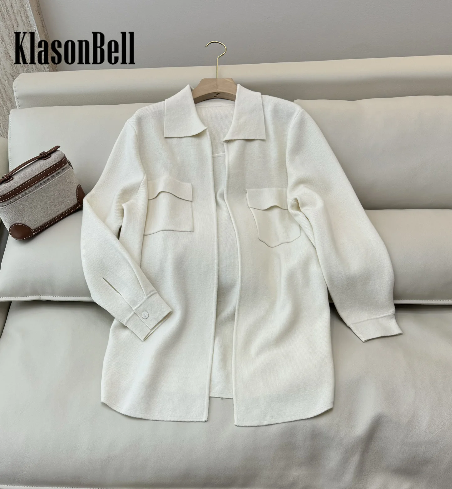 9.4 KlasonBell Women\'s Embroidery Letter 100% Wool Knit Long Sleeve Cardigan Double Pocket Buttonless Lapel Side Split Coat