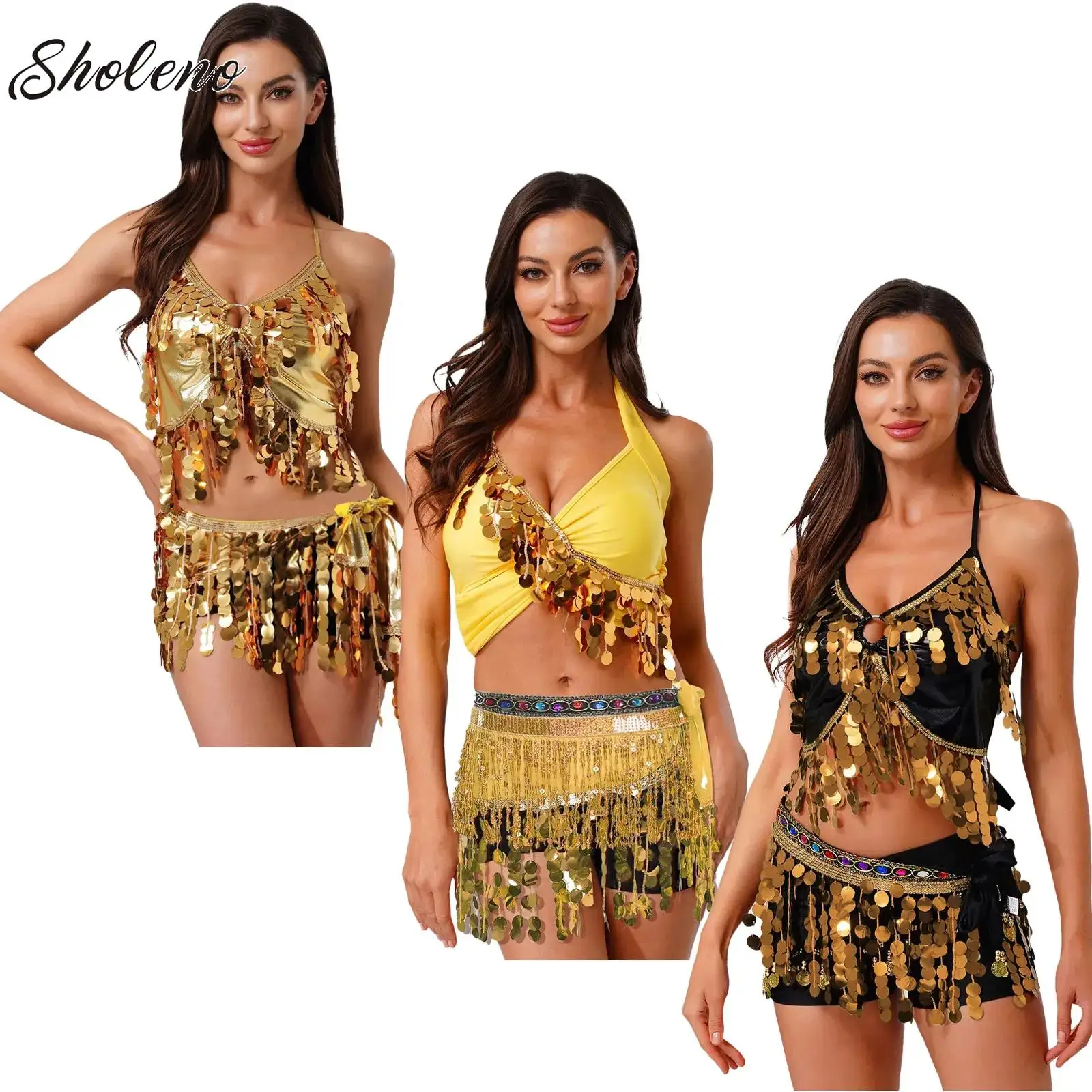 

Women Belly Dance Set Shiny Sequins Tassels Crop Top + Hip Scarf Belt Carnival Rave Performance Bellydance Costume Wrap Skirt