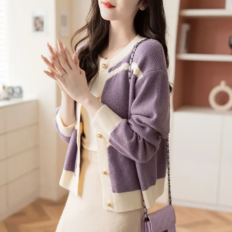 Women Korean Fashion Contrast Color Elegant Button Knitted Cardigans Sweet Chic Round Neck Long Sleeve Loose Outerwears Sweater