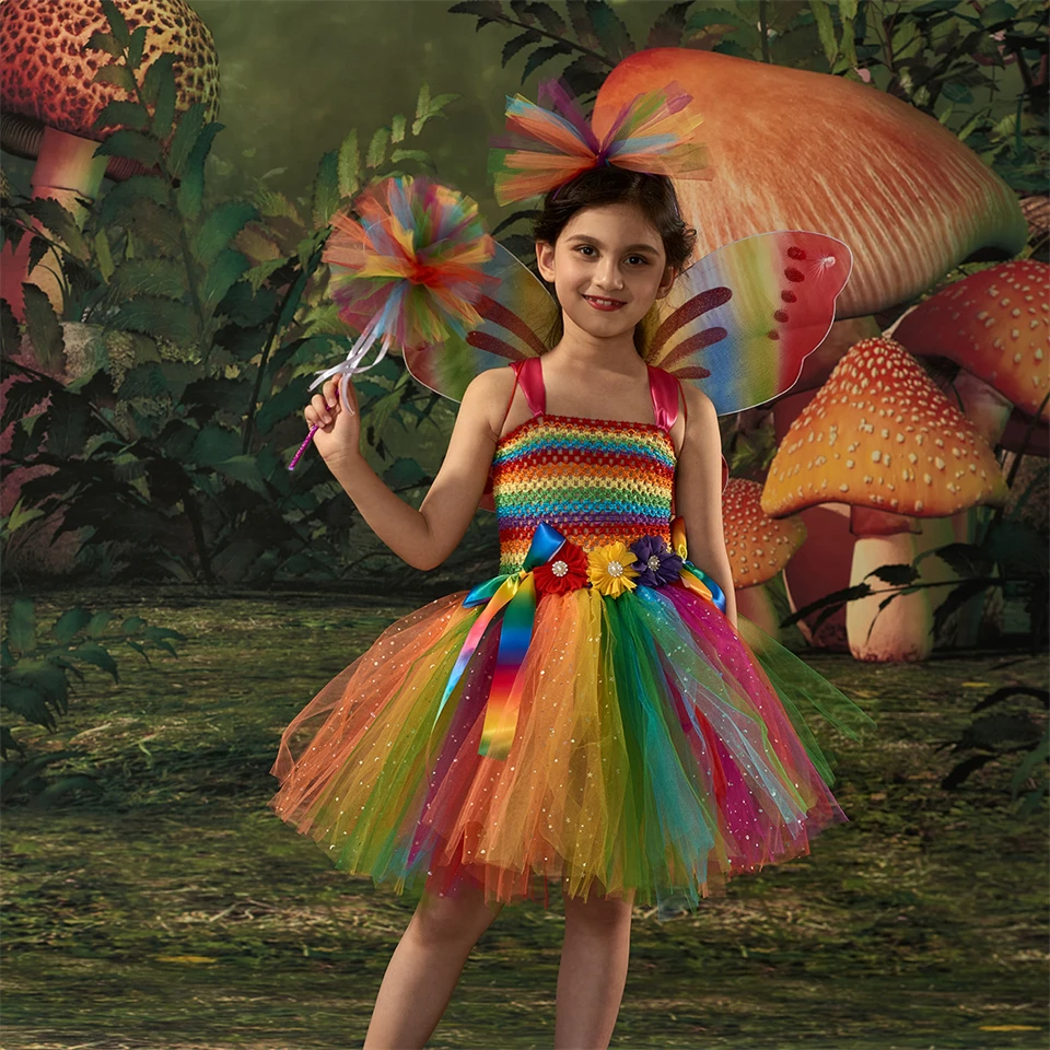 Rainbow Tutu Butterfly Fairy Dress for Girls Halloween Cosplay Elf Princess Birthday Party Dance Stage Play Performance Costume