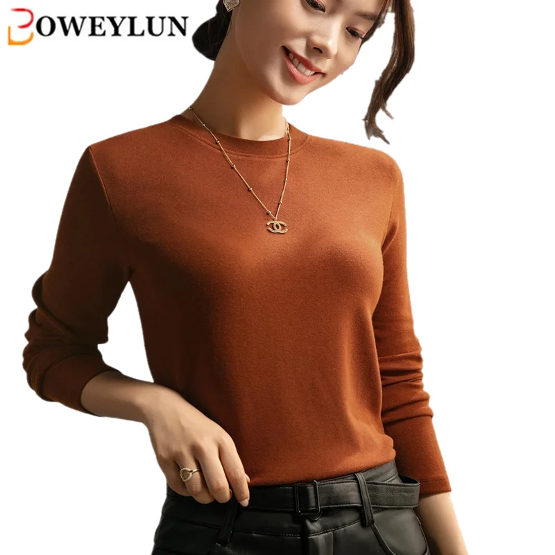 Boweylun مشروط القطن بلون جولة الرقبة قاع قميص الإناث الربيع والخريف جديد طويل الأكمام قمم تي شيرت المرأة