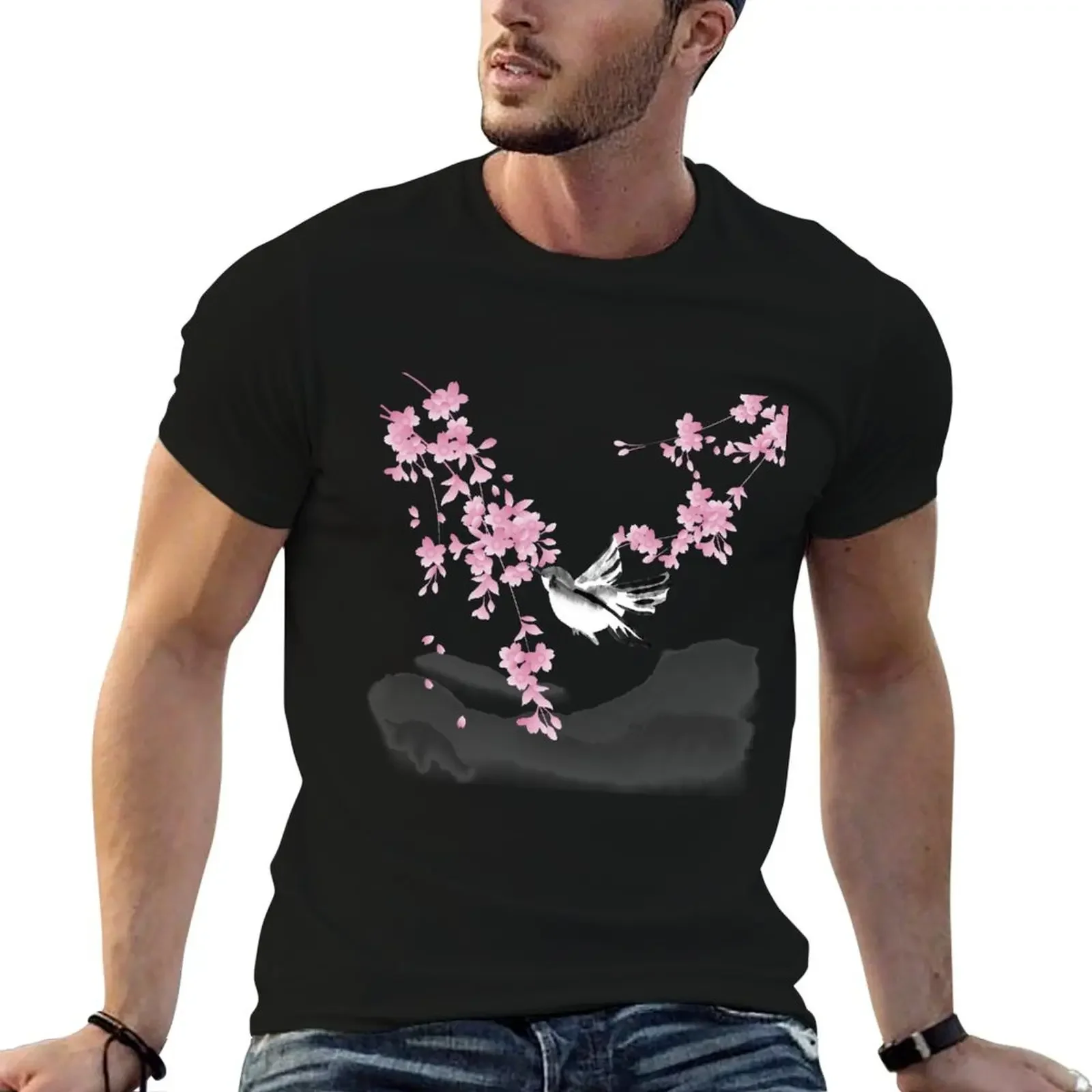 

Japan traditional sumi-e painting. Bird and sakura. Mountain landscape T-Shirt customs design your own Men's clothing