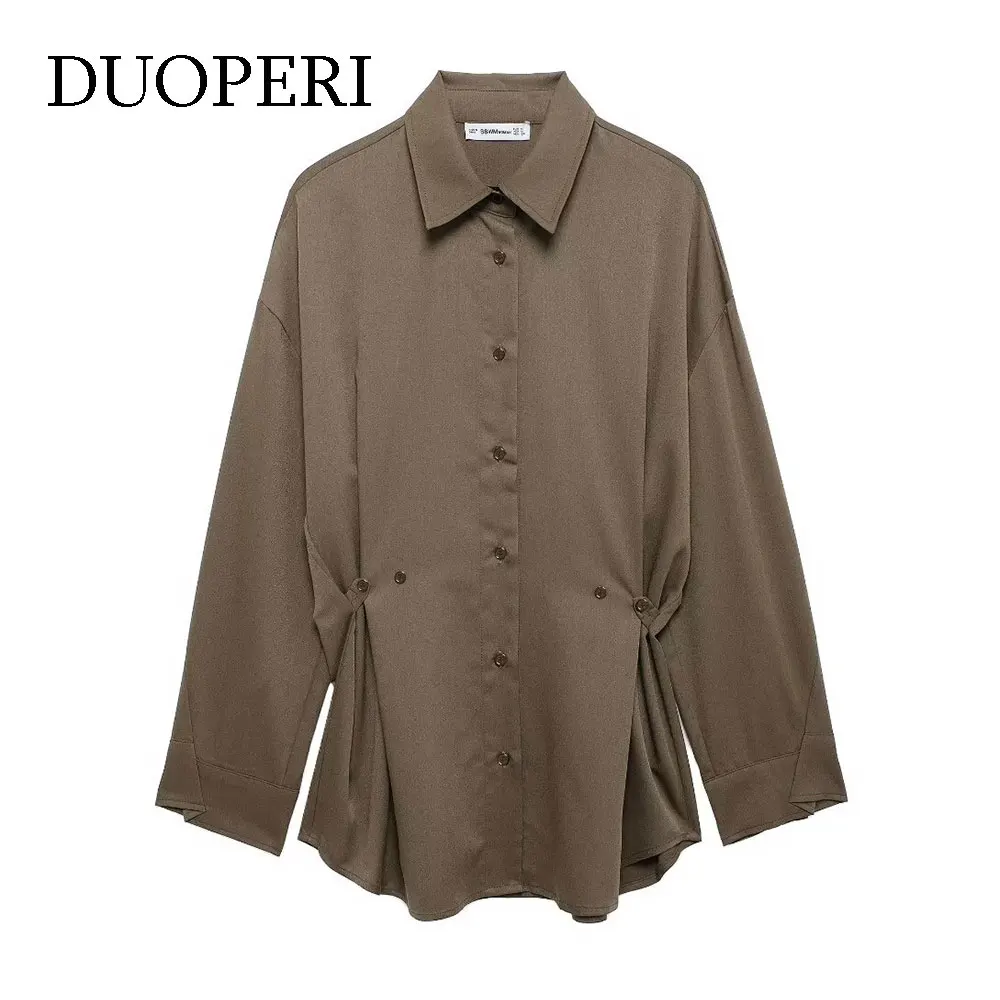 DUOPERI Women Fashion Brown Pleated Single Breasted Blouse Vintage Lapel Neck Long Sleeves Female Chic Lady Shirts