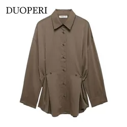 DUOPERI Women Fashion Brown Pleated Single Breasted Blouse Vintage Lapel Neck Long Sleeves Female Chic Lady Shirts