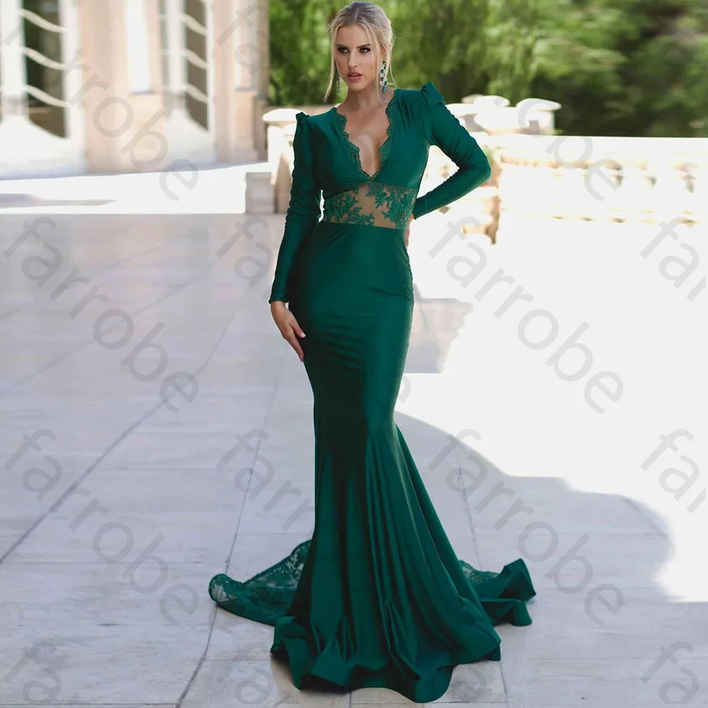 Customized Sexy Green Evening Dresses V Neck Lace Long Sleeves Illusion Mermaid Floor Length Banquet Prom Gowns Robes De Soirée