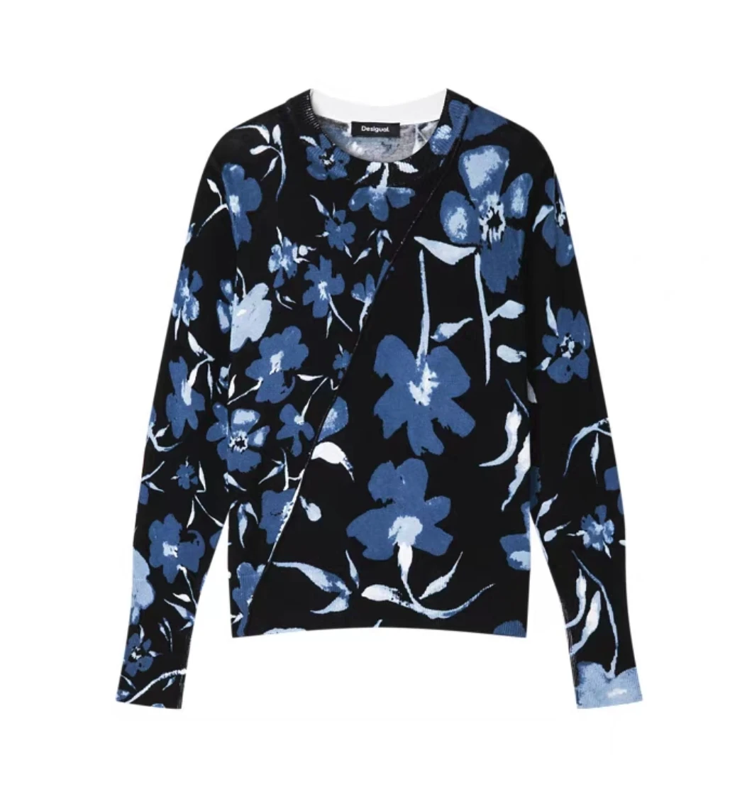 Foreign trade original single Spanish new crew-neck printed asymmetrical women's knitwear