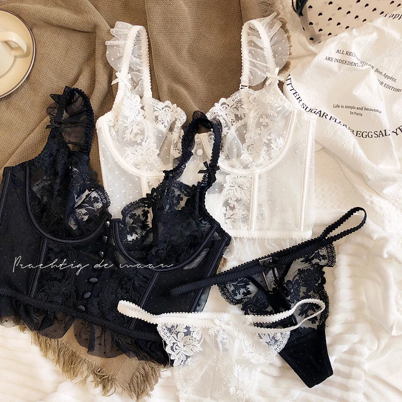 French Sexy Lingerie Set Women Ultra Thin See Through Embroidery Lace Bra & Thong Push Up Underwear Shaping Camisole Set MOYISU