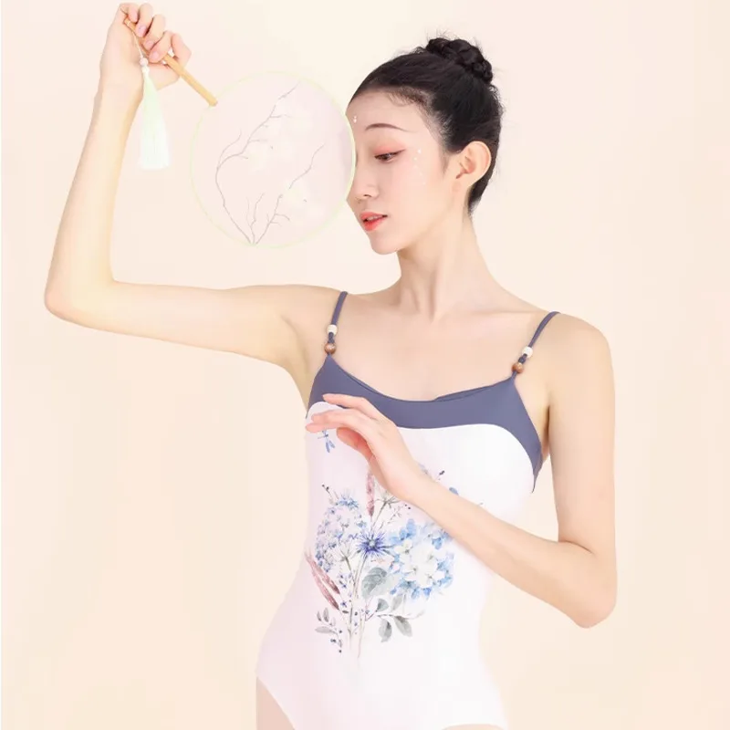 Chinese Style printing Ballet Leotards Strap Dance Bodysuits Gymnastics Leotard Sleeveless Girls Ballet Dancing Costumes