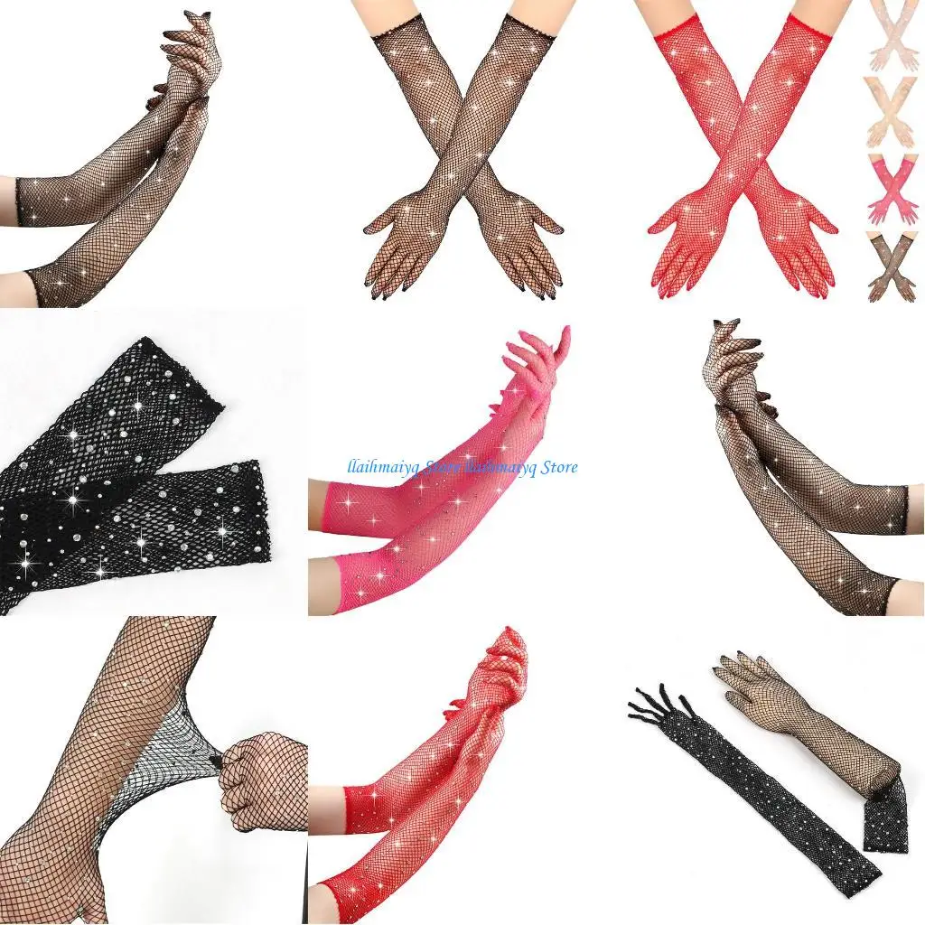

573B Rhinestones Mesh Gloves for Flapper Operas Dancing Elastic Full Finger Gloves
