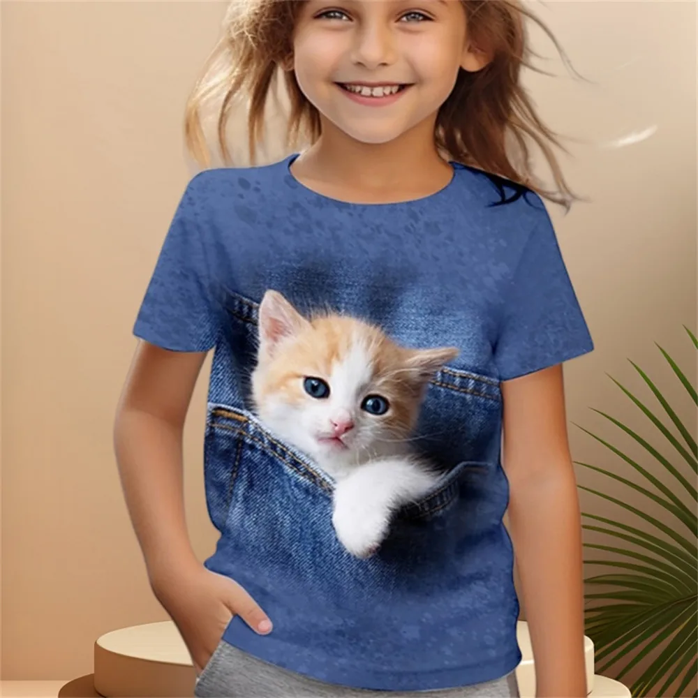 

2024 Girl Clothes Short Sleeve Children's Clothing 2 to 8 Years One Piece Cat Graphic T Shirts Kawaii Tops Boys Summer Clothes