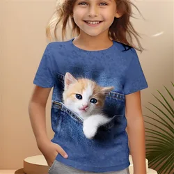 2024 Girl Clothes Short Sleeve Children's Clothing 2 to 8 Years One Piece Cat Graphic T Shirts Kawaii Tops Boys Summer Clothes