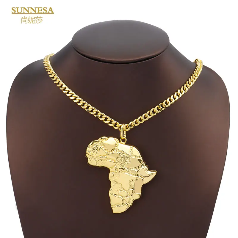 SUNNESA Dubai 18k Golden Color Chain Jewelry Necklace for Women Trend African Map Pendant Necklace Bangle Ring for Bridal