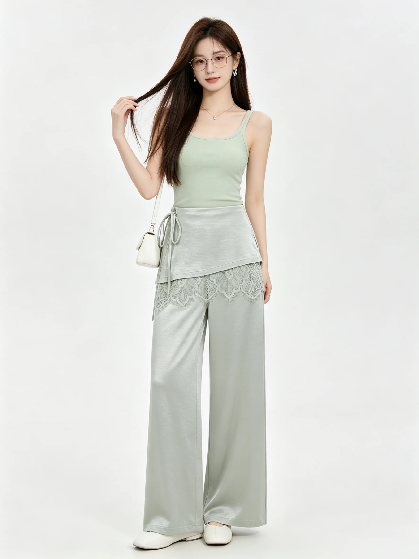 

Elegant Lace Panel Wide Leg Pants Women's High Waist Slimming Drapey Casual Pants Design Sense Fashionable Ageless