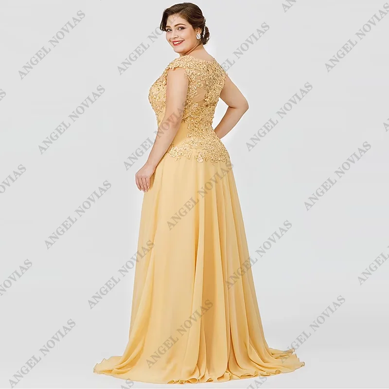 A-Line Mother of the Bride Dress Wedding Guest Elegant Plus Size Illusion Neck Sweep Chiffon Beaded Lace Formal Dresses 2024