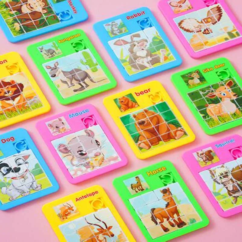 10Pcs/set Animal Puzzle Toys Cartoon  Sliding Puzzle Flat Intellectual Toy Kids Birthday Party Favors Treat Guest Goodie Filler