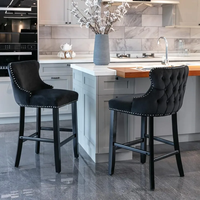 Counter Height Bar Stools Set of 2, Velvet Upholstered Barstools with Solid Wood Legs, Button Tufted and Nailheads Trim