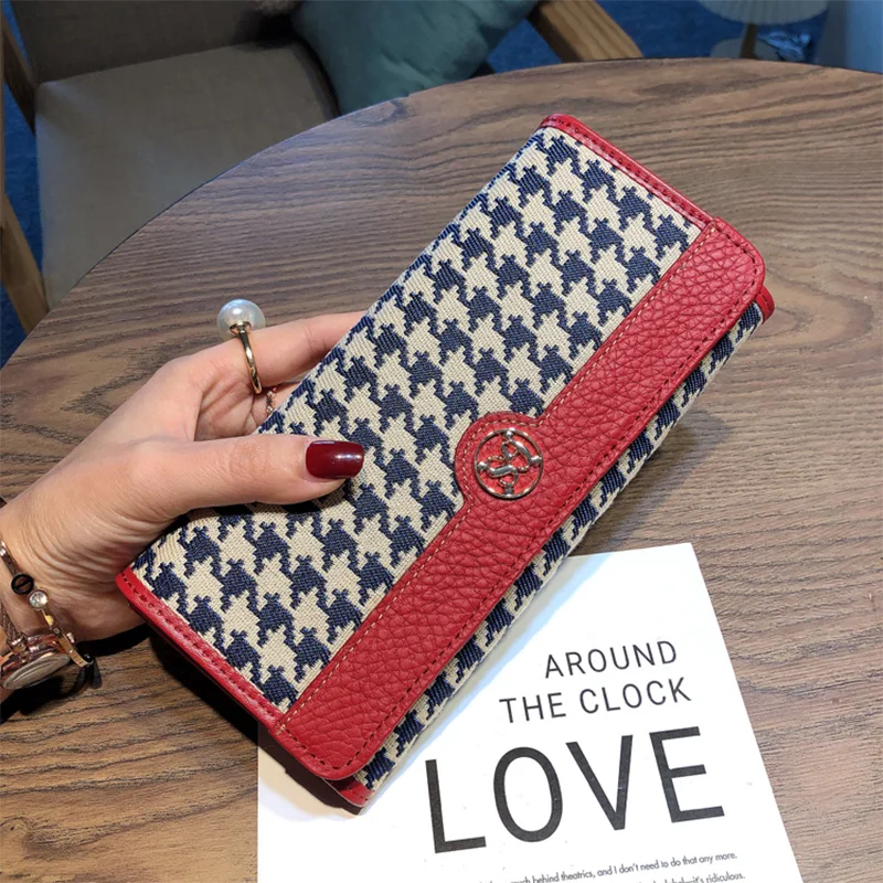 2023 Two-tone Long Wallet Women Genuine Leather Purse Houndstooth Embroidery Ladies Clutch Bags For Cell Phone Cards Cash Wallet