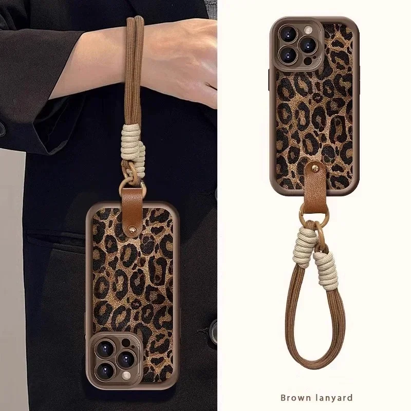 Soft Liquid Silicone Leopard With Lanyard For iPhone 16 11 12 13 14 15 Pro Max Plus XS XR Max Shockproof Bumper Back Cases Cover