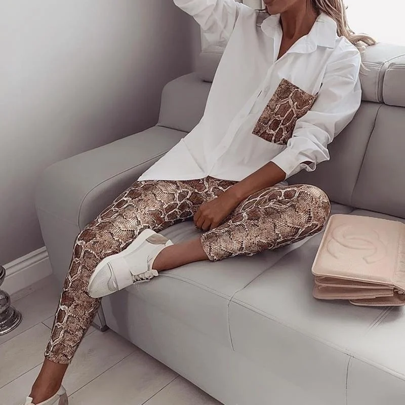 Spring Ladies Shirts Casual Suit Sets Two Piece Set Snake Contrast Pocket Top & Slim Fit Long Pants