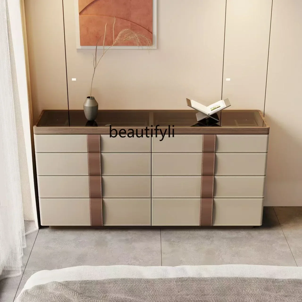 

New style NNFrench storage cabinet Bedroom side cabinet Designer Italian solid wood saddle leather chest cabinet