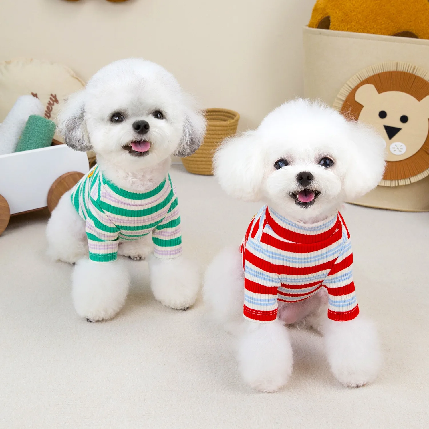 2024 Red Striped Pet Clothes Dog Winter Warm Vest Teddy High Neck Bottom Shirt Pet Casual Two Leg Clothes