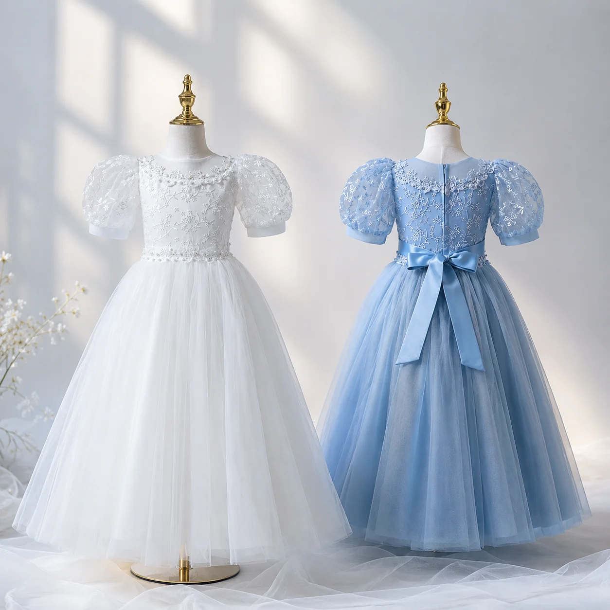 Girls Lace Dress Puff Sleeve Tulle Flower Girl Dress Beaded Princess Ball Gown Tween Kids Elegant Wedding Birthday Formal Dress
