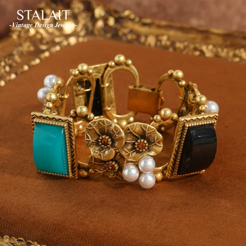 Vintage Natural Stone Bracelets Charm Antique Gold Color Lotus Leaf With Pearl For Women Blue Black Jewelry Wedding Gift 2025