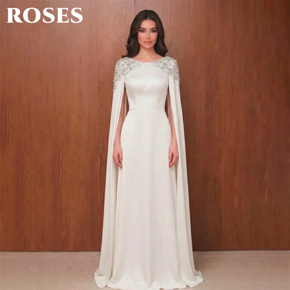 

ROSES White Party Dress Round Neck Off the Shoulder Evening Dress Full Sleeve فساتين السهرة for Wedding Customized