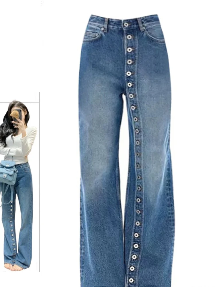 

2025 Spring New Fashion Retro Multi Button Straight Jeans Women's High Waisted Wide Leg Pants High Street Female Denim Pants